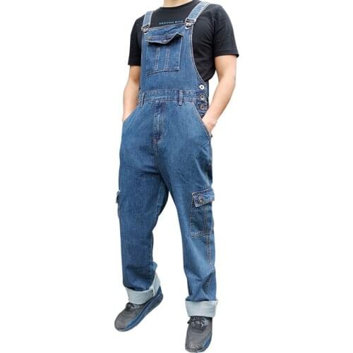 Large Size 28-50 2021 Jeans Men Overalls Bib Denim Jumpsuits Loose Straight Workwear Multi-Pocket Wide Leg Pants Blue Trousers