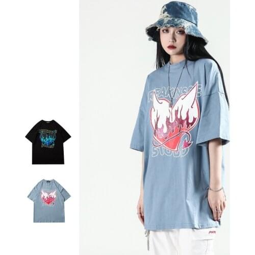 Summer New Mens Little Devil Love Print Short-sleeved T-shirt Loose Oversized Cotton Couple Shirt Casual Retro High Quality