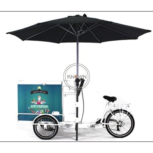 Hot sale commercial pedal /electric refrigerator cart mobile food cart bike ice cream food cart by sea