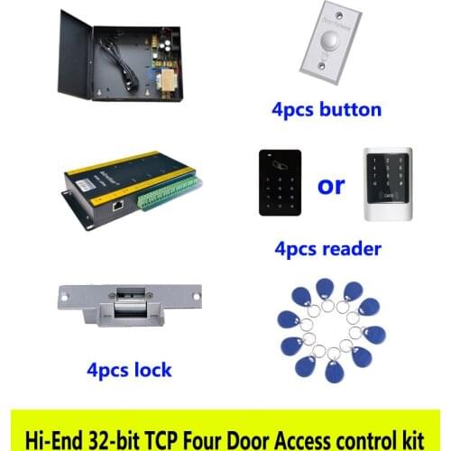 Hi-end 32-bit access control kit,TCP/ip four door +powercase+strike lock +ID touch keypad reader+button+10 ID tags,sn:kit-AT401