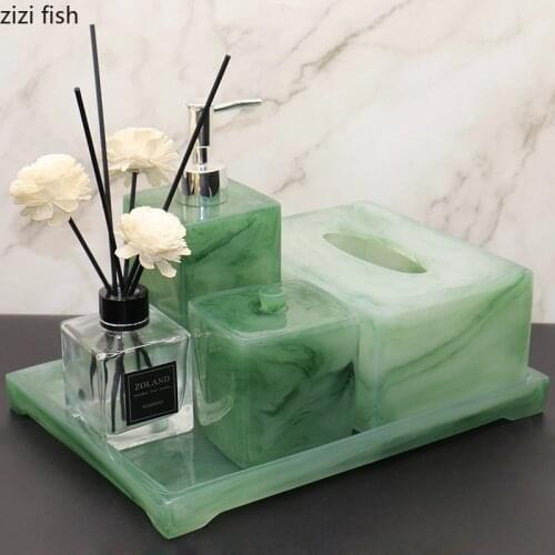 Emerald Texture Resin Bathroom Accessories Set Imitation Jade Bath Supplies Portable Soap Dispenser Storage Trays Bathroom Shelf