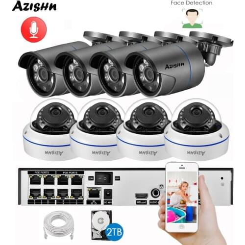 AZISHN 5MP Video Surveillance Camera 8CH POE NVR AI Face Detection Indoor Outdoor Audio Recorder Color Night Security System