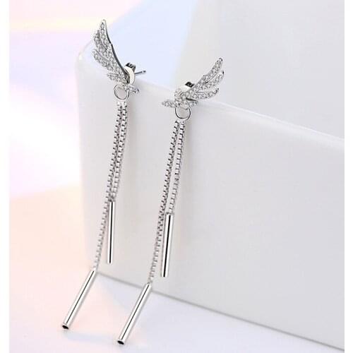 Korean Version Sweet Angel Wing Long Temperament Stud Earrings Tassel Silver Plated Earrings Elegant Lady Charm Jewelry