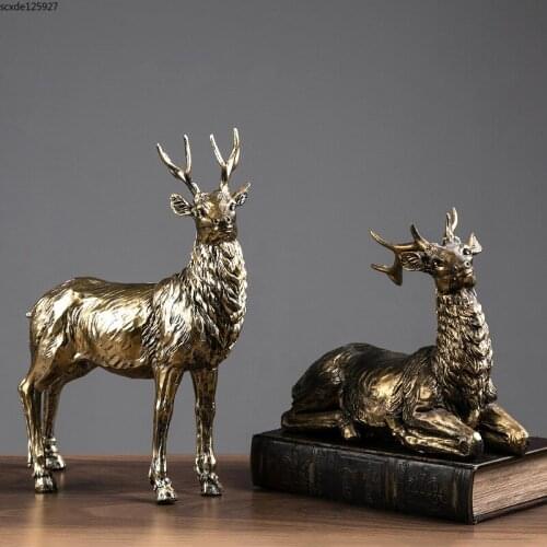 Creative imitation metal resin golden deer sculpture crafts desktop installation cute elk animal statue figurines art decoration