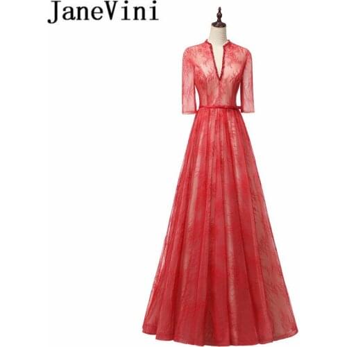 JaneVini Lace Long Evening Dresses With Sleeves A Line V Neck Beads Floor Length Red Vintage Mother of the Bride Dress Plus Size