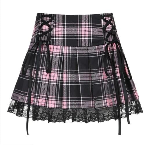 Summer new style plaid pleated skirt cross lace retro lace up stitching A-line skirts