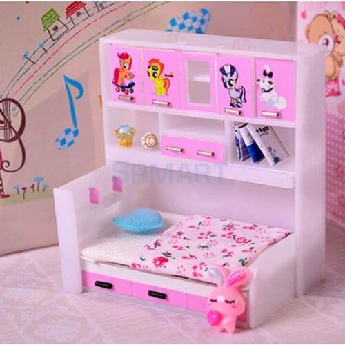 1/12 Miniature Children Princess Cabinet Bed Dollhouse Bedroom Furniture Accessories Kids Pretend Play Toy