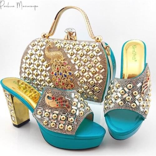 Lastest Italian Design African Nigerian Party Special Phoenix Style Teal Color Ladies Shoes and Bag Set Decorated With Metal