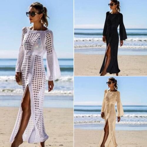 2021 Summer New Sexy Hollow Knitted Beach Skirt Long-Sleeved Split Skirt Holiday Long Skirt Swimsuit Outer Cover