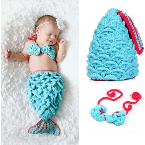 Newborn Adorable Costume Baby Mermaid Two Piece Suit Childrens Knitting Hand Woven Studio Photo Cloth Photo Accessories