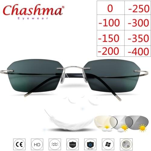 Rimless Titanium Glasses Frame Photochromic Myopia glasses Men Women Chameleon Glasses Lens with Diopters -1.0 1.5 2.0 2.5 3.0