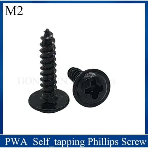 100Pcs M2 PWA Black Phillips Screw Self_tapping Screws With Pad Caron Steel