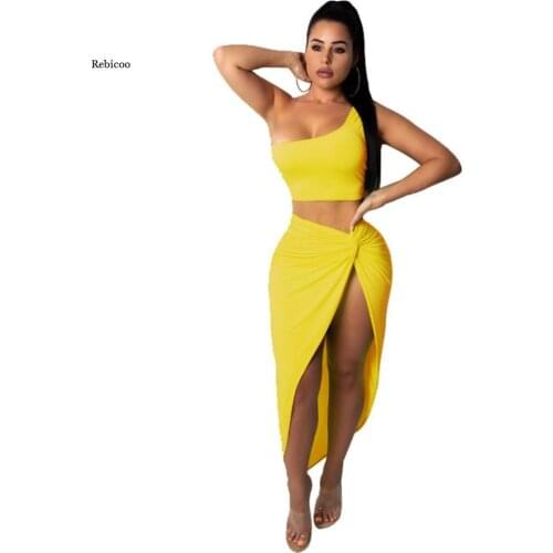 Sexy Two Piece Set Women One Shoulder Sleeveless Crop Top And High Side Split Stacked Skirts Beach Outfit Matching Set