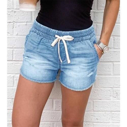 Summer Ripped Blue Denim Shorts Casual Elastic Waist Loose Mid Waist Jeans Short Women Washed Lace Up Burr Cowboy Straight Short