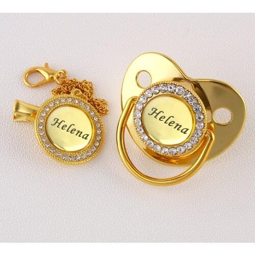 0-18 Months BPA Free Customized Any Name Personalized Gold Bling Pacifier And Clip Luxury Baby Pacifier For Infant shower Gift