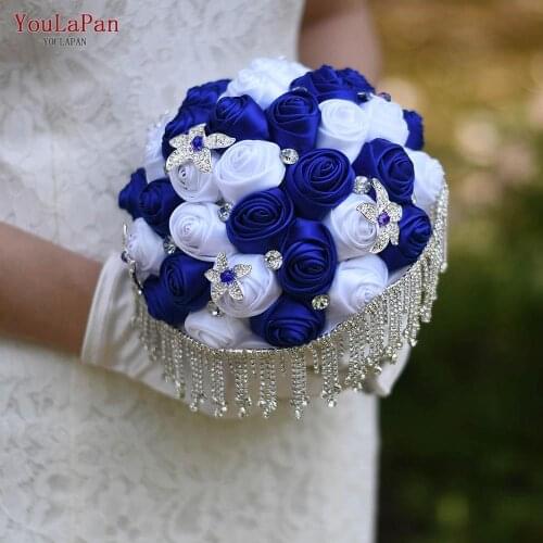 YouLaPan Wedding Bouquet Handmade Royal Blue White RIbbon Rose Wedding Bridal Bouquets Artificial Bridesmaids Bouquet F4-RBL