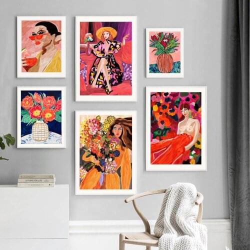 Vintage Tropical Oil Painting Girl Portrait Flower Vase Wall Art Canvas Posters And Prints Wall Pictures For Living Room Deco