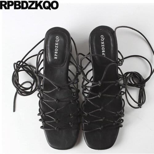 Vintage Gladiator Sandals Heels Women Roman Chunky Designer Strappy Square Nude Slingback Tie Up Black Pumps 2018 Summer Shoes