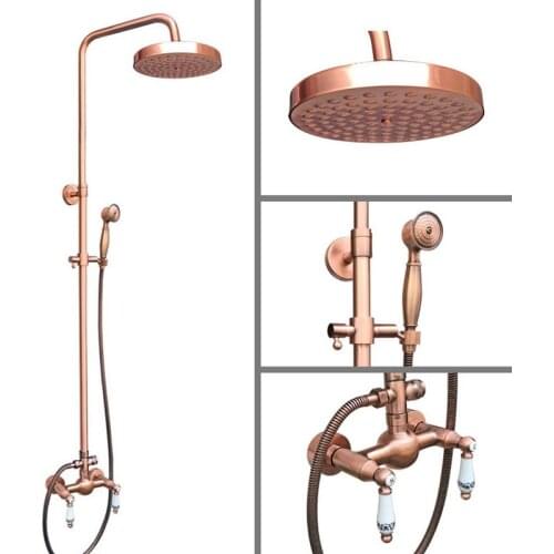 Vintage Retro Red Copper Wall Mounted Bathroom 7.7" inch Round Rain Shower Faucet Set Dual Ceramic Handle Mixer Tap arg552