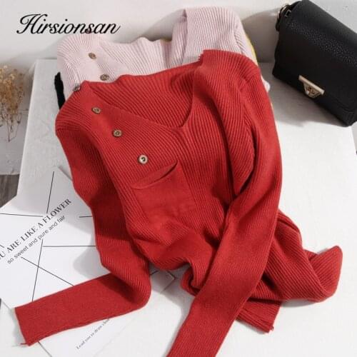 Hirsionsan Solid Color Bottoming Sweater Women 5 Color Winter Slim Sexy V Neck Pocket Button Pullover Knitted Soft Pink Female