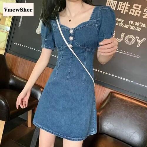 VmewSher New Vintage Spring Women Denim Dress Square Neck High Waist Mini Denim Dresses Female Buttons Summer Short Sleeve
