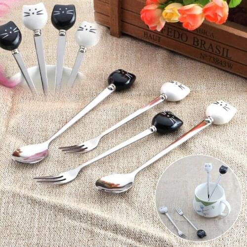 1pc Cartoon Cat Spoon Fork Long Coffee Stirring Spoon Fruit Fork Stainless Steel Cute With Ceramic Cat Handle