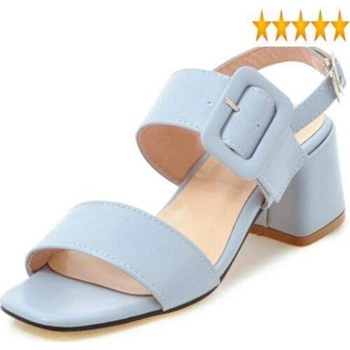 Women 2021 Summer Buckle Chunky High Heel Party Shoes Elegant Open Toe Ladies Sandals Blue Pink Plus Size 43