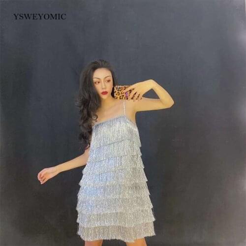 Shiny Sliver Tassels Sexy Party Dress Women Celebrate Fringes Dress Stage Wear Birthday Mesh Spandex Women Short Dress