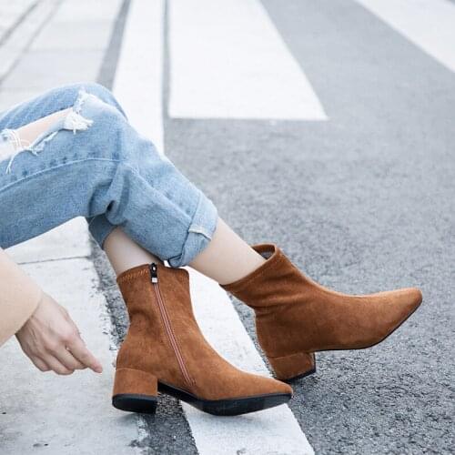 Round Toe Sock Boots for Woman Fashion Sexy Block High Heel Ankle Boots Women Black Beige Brown Stretch Boots 2021 Winter New