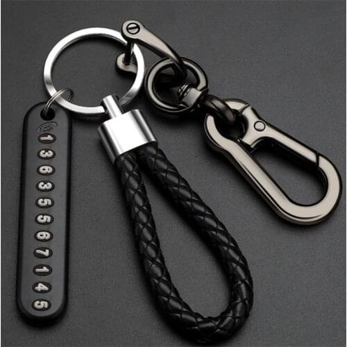 Anti-lost Car Keychain Phone Number Card Keyring Leather Bradied Rope Auto Vehicle Key Chain Holder Accessories Gift for Husband