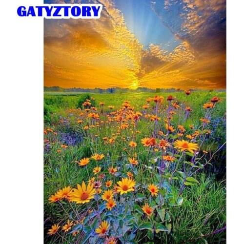 GATYZTORY Picture By Numbers For Adults Home Decor Wall Picture Sunset Flower Field Landscape Paint By Number Coloring Canvas