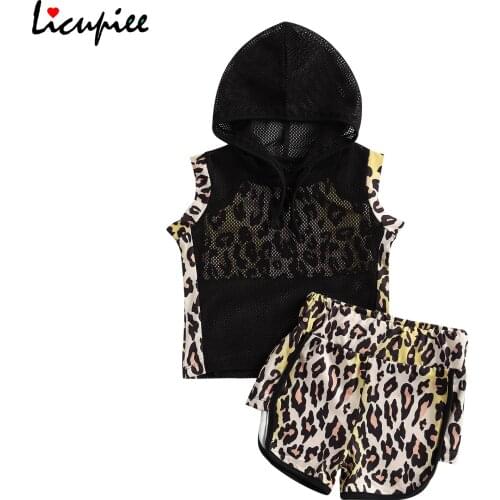 2-7 Years Girls Summer Three Piece Set Fashion Leopard Suspender Tops, Mesh Hoodie and Short Pants