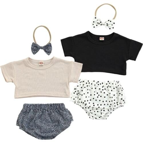 2021-04-16 Lioraitiin 3Pcs Set 0-18M Infant Baby Girl Clothing Set Short Sleeve Solid Top Shirt Dot Printed Shorts Outfit