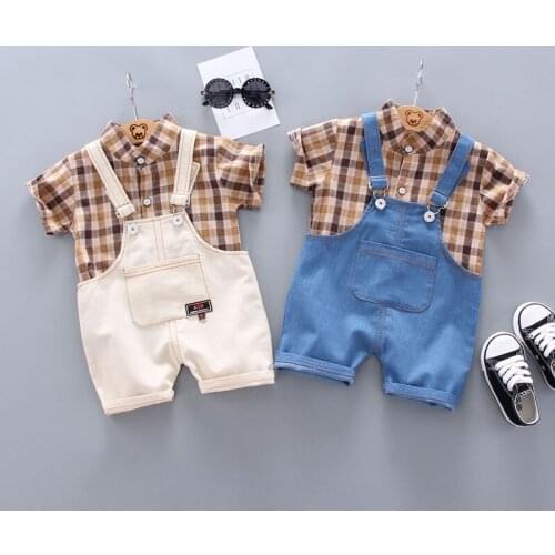 Baby Boys Sets Summer Plaid Short Sleeve Shirts+ Suspender Shorts Sets Baby Clothes Short Sleeve Suit Children Clothing
