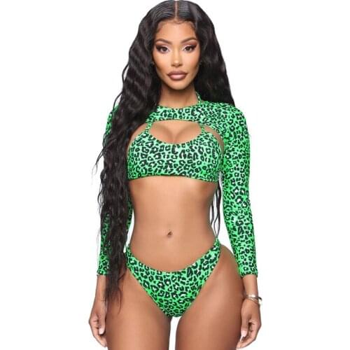 Long-sleeved swimsuit ladies green leopard print sexy swimsuit European and American bikini split suit beach suit