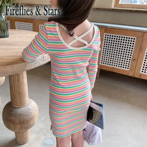 Summer girls dress Baby hip dress kids vestidos Children clothes sexy skinny rainbow striped slip back cross lacing 3 to 8 yrs