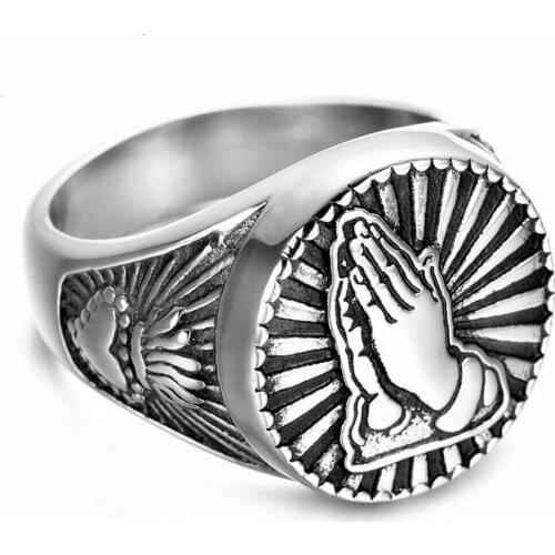 Mens Stainless Steel Catholic Sacred Heart Protection Praying Hands Ring