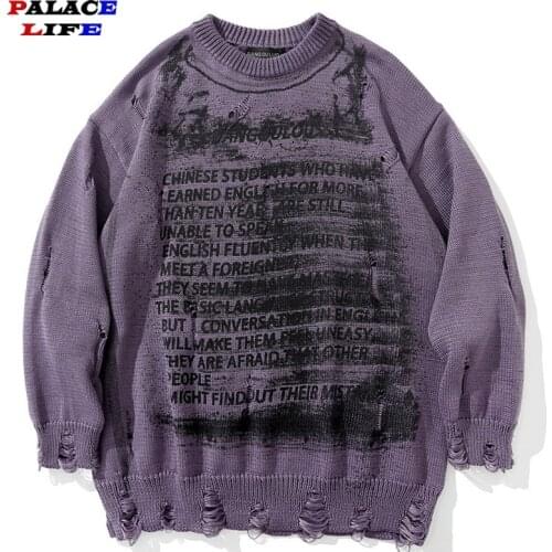 Men Hip Hop Knitted Jumper Sweaters Letter Graffiti Men Clothes Long Sleeve Pullover Homme Loose Hole Couple Sweater 2021 Autumn