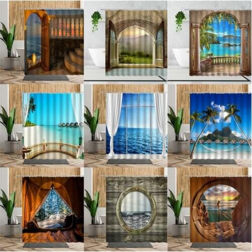 Window Scenery Shower Curtains Cabin Sea View Arched Door Palm Tree Home Wall Decoration Background Waterproof Bath Curtain Set