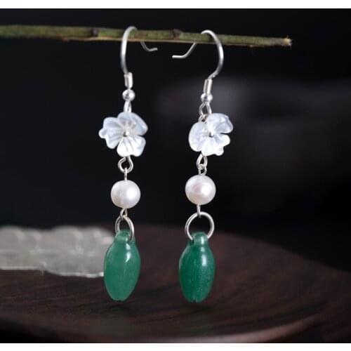 Real S925 Sterling Silver Drop Earrings Handmade creative diy retro pearl earrings female sweet shell flower Aventurine magnolia