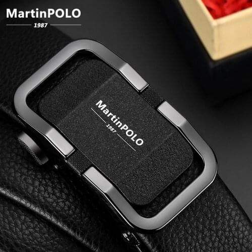 MartinPOLO Mens Belt Cow Leather Belts Brand Fashion Automatic Buckle Black Genuine Leather Belts for Men 3.5cm Width MP3401P