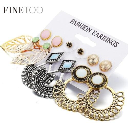 6 Pairs/Set Bohemian Crystal Geometric Square Flower Pineapple Earrings Set Cute Stud Earrings for Women Girls Brincos