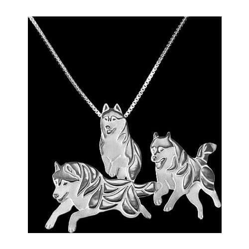 Siberian Husky in action - Gold and silver pendant and necklace dog jewelry Simple abstract animal run