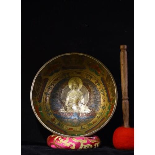 10"Tibet Buddhism Old Bronze Tracing Statue of Sakyamuni Turning bowl Buddha sound bowl Copper chime Mahogany handle Copper bowl