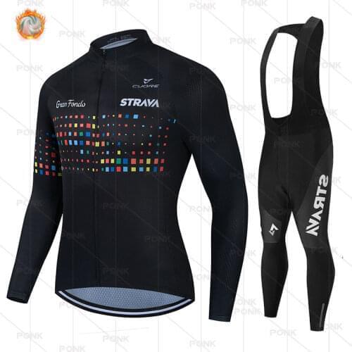STRAVA Thermal Fleece Mens Pro Team Warm Jacket Set Winter Cycling Clothing Long Sleeve Jersey MTB Clothes Ropa Ciclismo