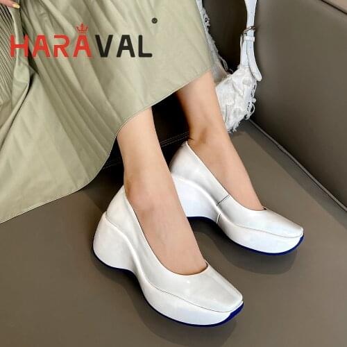 HARAVAL Women Pumps Shoes Elegant Spring Autumn Mary Janes Wedges Comfortable Patent Leather Black Green Red White Solid ShoB321