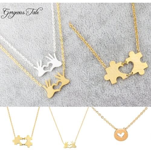 GORGEOUS TALE Gold Color Hand Heart Puzzle Circle Charms Stainless Steel Chain Statement Necklace Women Maxi Collier BFF Colar