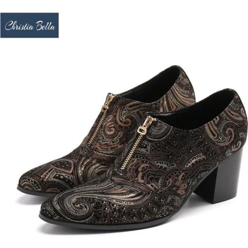 Christia Bella Vintage Print High Heel Men Leather Shoes Thick Heel Zipper Party Shoes Fashion Male Nightclub Formal Dress Shoes
