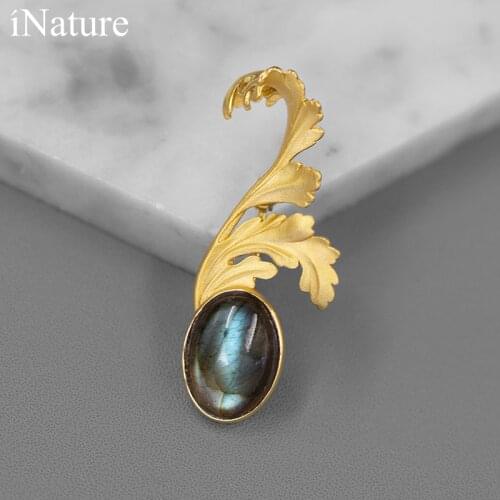 INATURE 925 Sterling Silver Blue Labradorite Flower Leaf Brooch Pin For Women Wedding Jewelry