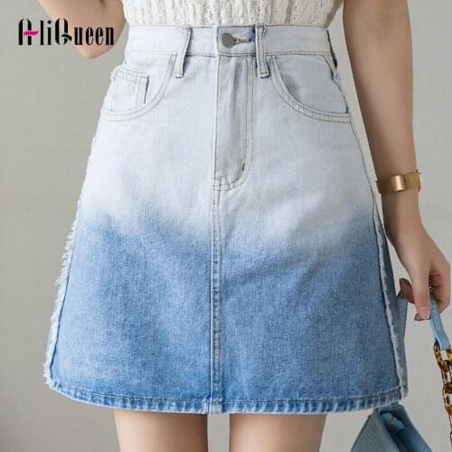 2021 Spring Summer Korean Casual Vintage Streetwear Women Stitching Color Slim A-line Mini Denim Skirt High Waist Jean Skirts